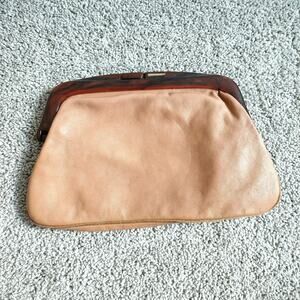Vintage Antessa Brown Leather Clutch Purse Tortoise Kiss Lock Clasp Reghi Italy